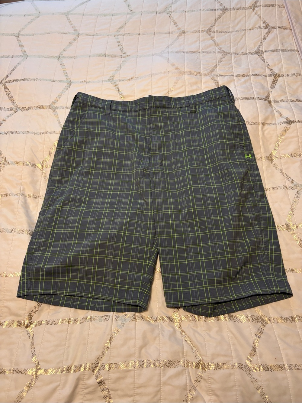 Under Armour Gray Plaid Performance Shorts with Lime Accent